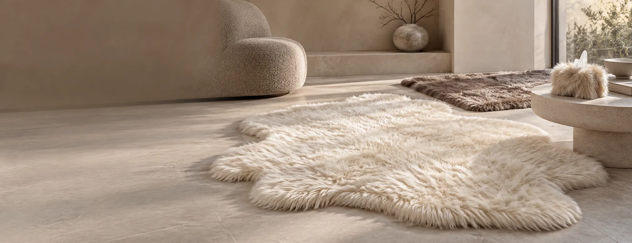 พรมขนยาวทรงอิสระและของตกแต่งบ้านสี Ivory และ Brown Slate